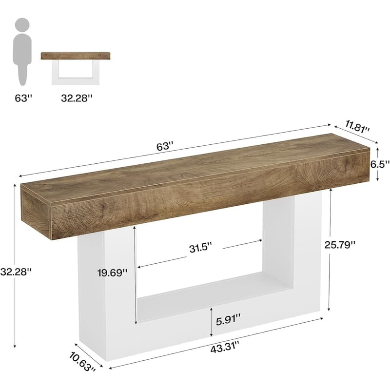 63" Long Console Table, Farmhouse 2-Tier Entryway Table with U-Shaped Base - 63" W x 11.8" D x 32.3" H