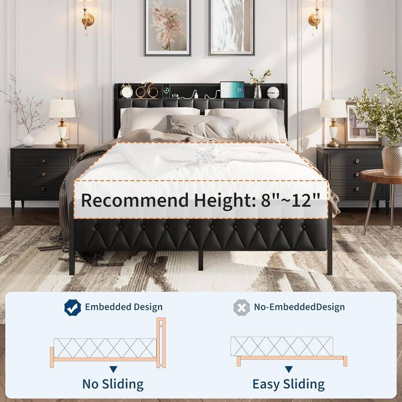 Upholstered Storage & Metal Frame Platform Bed with Charging Station, 3 Sizes