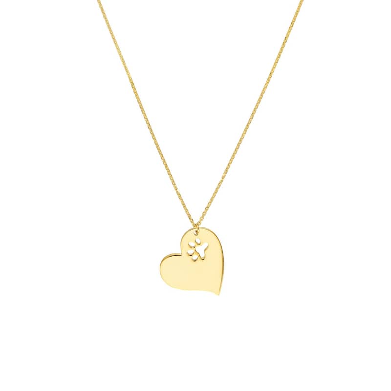 Curata Solid 14k Yellow Gold Slanted Love Heart With Cut Out Paw Adjustable Necklace,18"