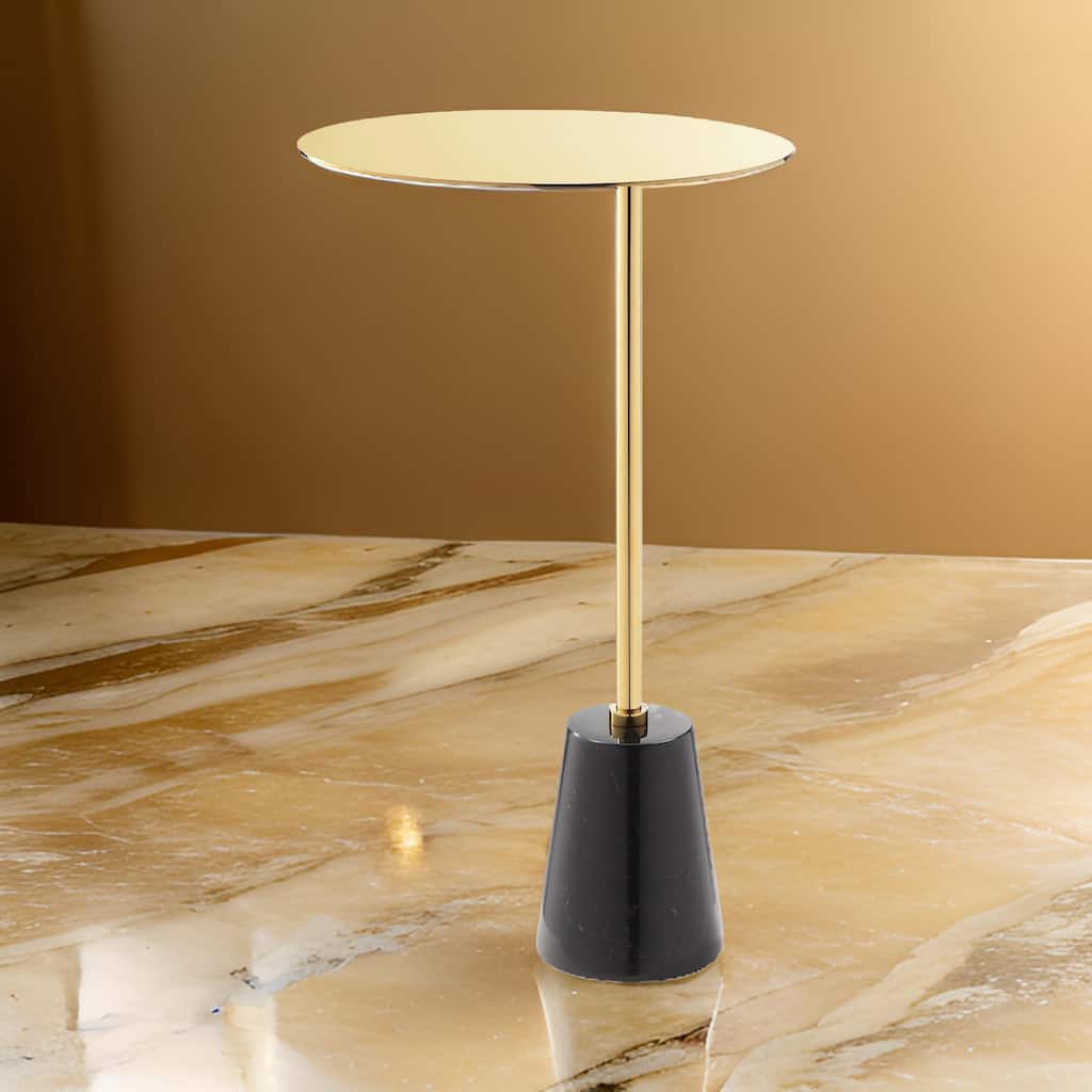 Frank 12 Inch Drink Side End Table, Gold Top, Black Marble Solid Cone Base