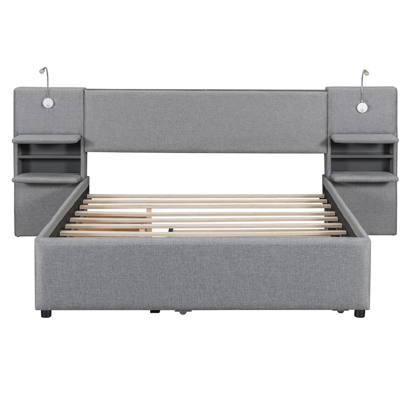 Queen Size Upholstered Platform Bed with Drawers Trundle Flip-up Storage Headboard Side Storage Racks Reading Lights Linen