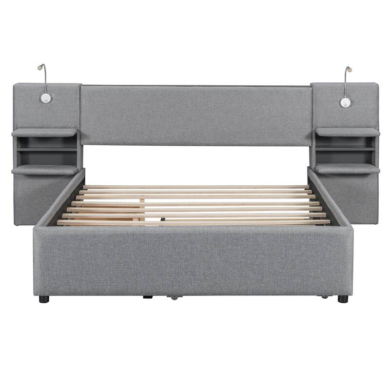 Linen Upholstered Platform Bed, Wingback Storage Headboard with 2 Reading Lights, Wood Panel Bed Frame w/Drawers & Trundle Bed