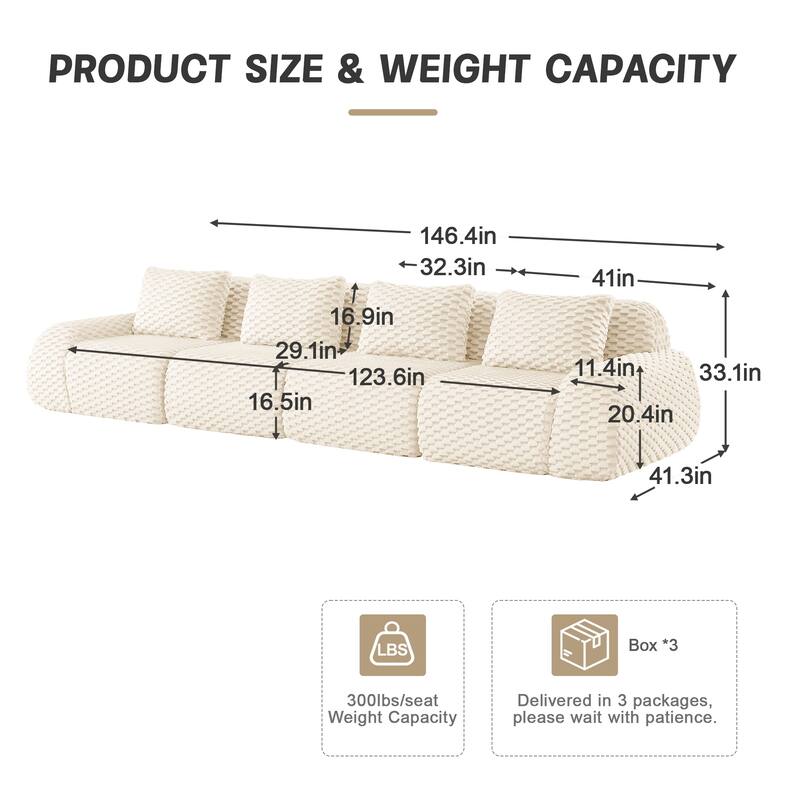Roomfitters 114 Inch Modular Sectional Sofa, Oversized Flannelette 3-Seater, Cream