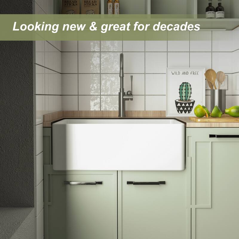 HOROW 30 in. White Fireclay Apron-Front Kitchen Sink, Single Bowl Design with Grid and Strainer