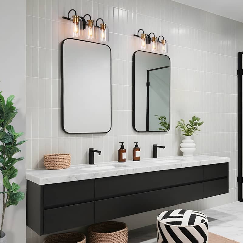Modern Classic 3-Light Black Bathroom Vanity Light Fixture Gold Brass Wall Sconces with Cylinder Glass - 21" L x 6.5" W x 9" H