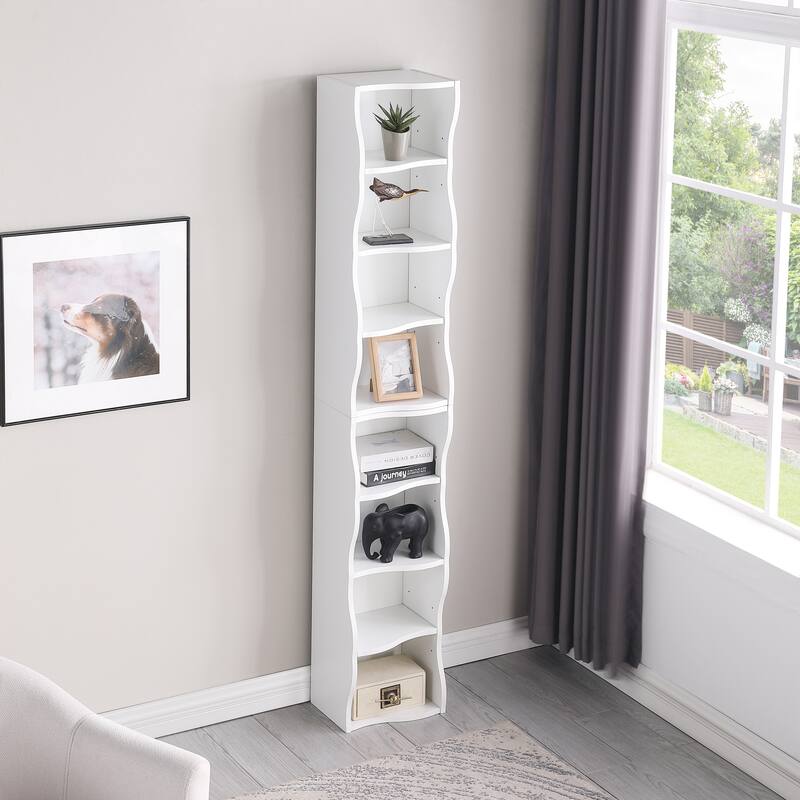 Roomfitters 8-Tier Tall Narrow Bookcase with Wavy Edge Design, Adjustable Shelves Slim Bookshelf for Living Room or Office