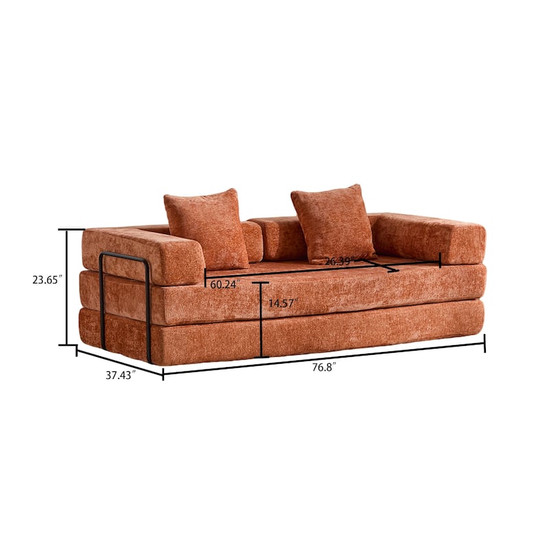 Modern Minimalist Compressed Upholstered Convertible Two-Seater Sofa Bed with External Metal Frame