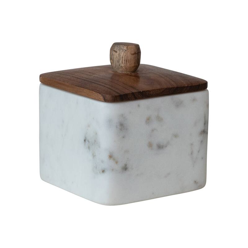Marble Container with Acacia Wood Lid - 4.0"L x 4.0"W x 4.25"H - White;Natural