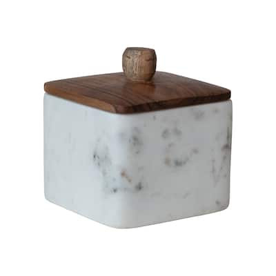 Marble Container with Acacia Wood Lid - 4.0"L x 4.0"W x 4.25"H