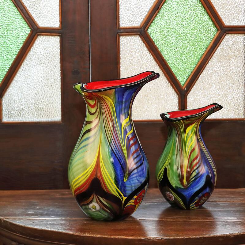 Luxury Lane Hand Blown Abstract Teardrop Art Glass Vase with Angled Lip 9.5-13.5 inch tall