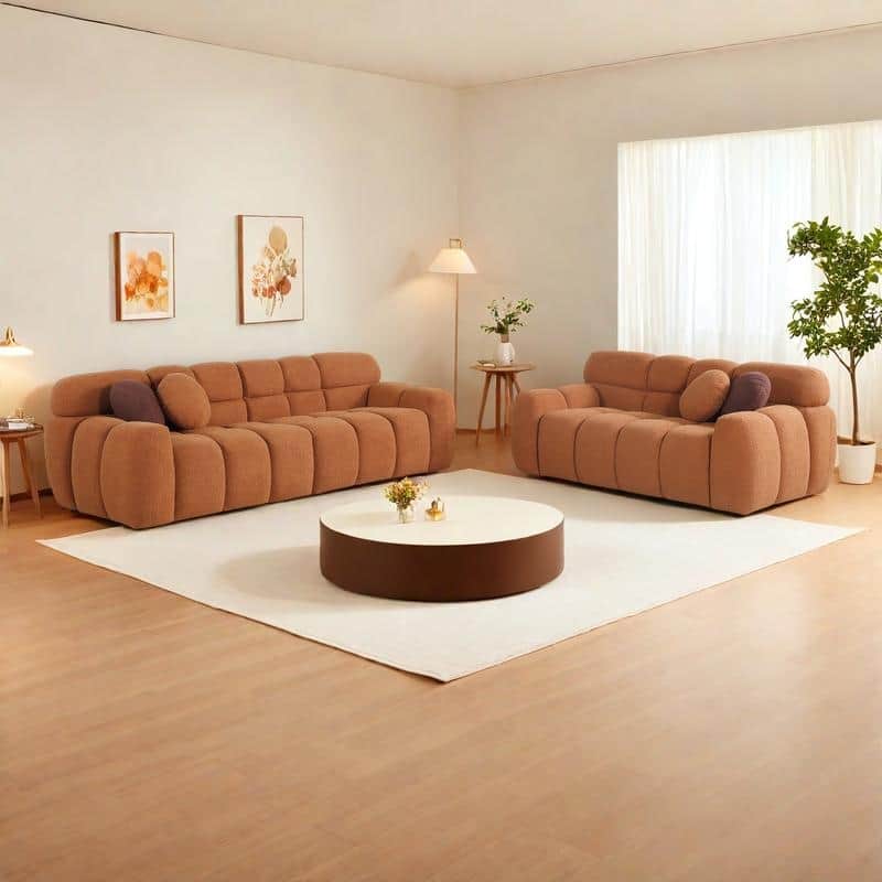 2-Pieces Boucle 5-Seat Sofa Set (3-Seater + Loveseat) with Marshmallow Cushions & Ergonomic Design