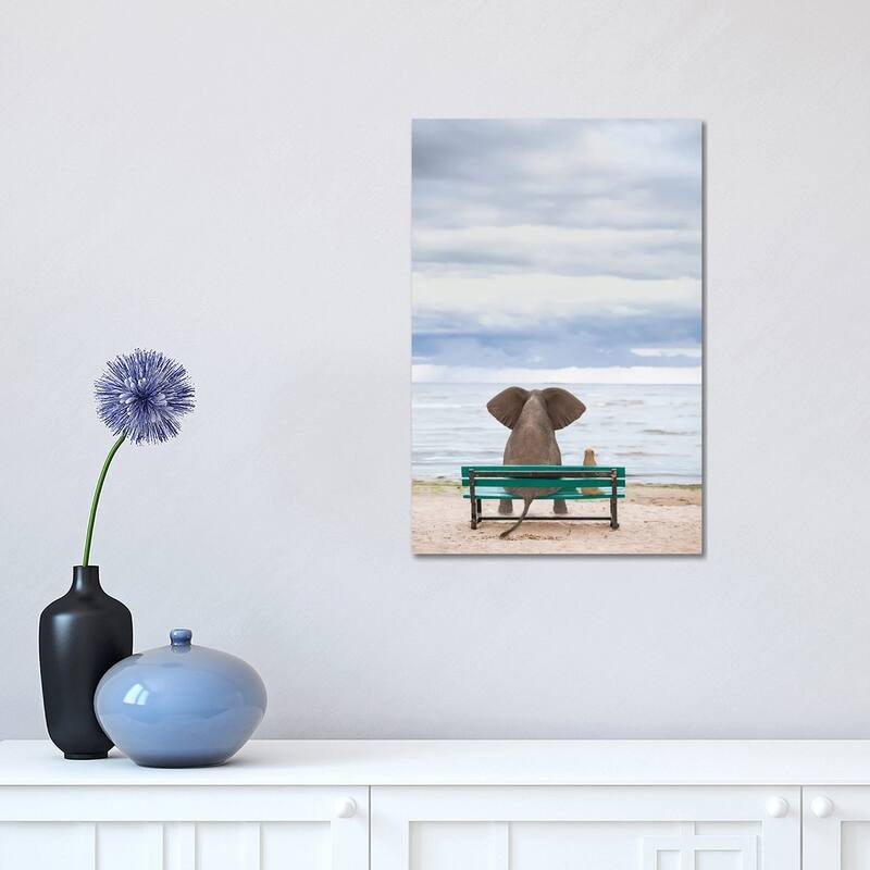 iCanvas "Elephant And Dog Sit On A Bench By The Sea II" by Mike Kiev Canvas Print - 18x12x1.5