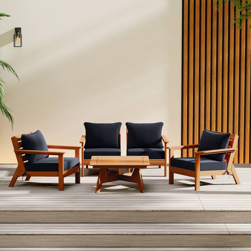 Birchwood All Weather HDPE Outdoor Patio Teak Deep Seating Conversation Set (5-Piece Set)