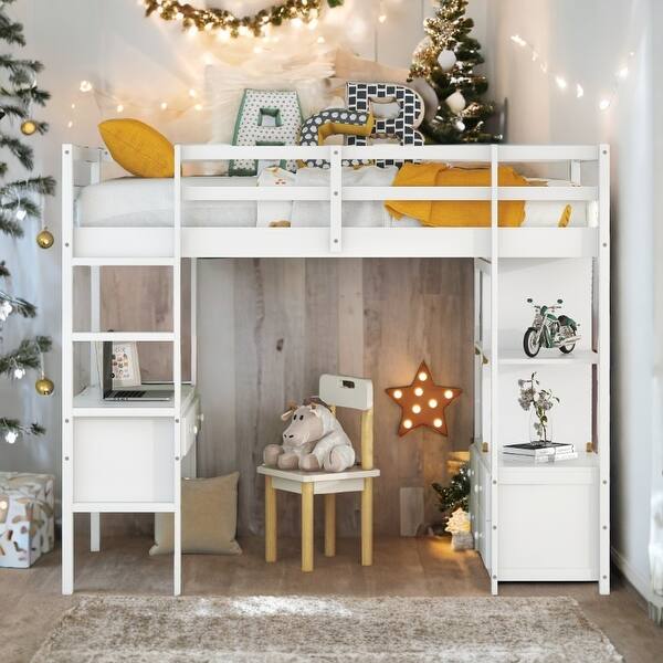 slide 2 of 30, Twin Size Loft Bed with Built-in Desk with Two Drawers,Shelves,Multifunctional Loft Bed with Storage White