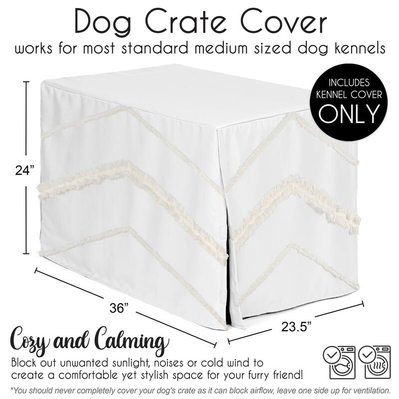 Sweet Jojo Designs Ivory Bohemian Boho Chic Dog Crate Kennel Cover 36in. Solid Off White Farmhouse Tufted Trim Fringe Cotton