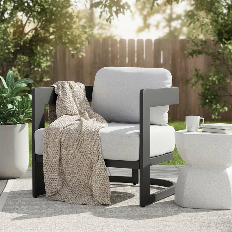 Roomfitters Elvis Outdoor Aluminum Club Chair with Olefin Cushions, Rust Resistant, Dark Grey - Single Unit