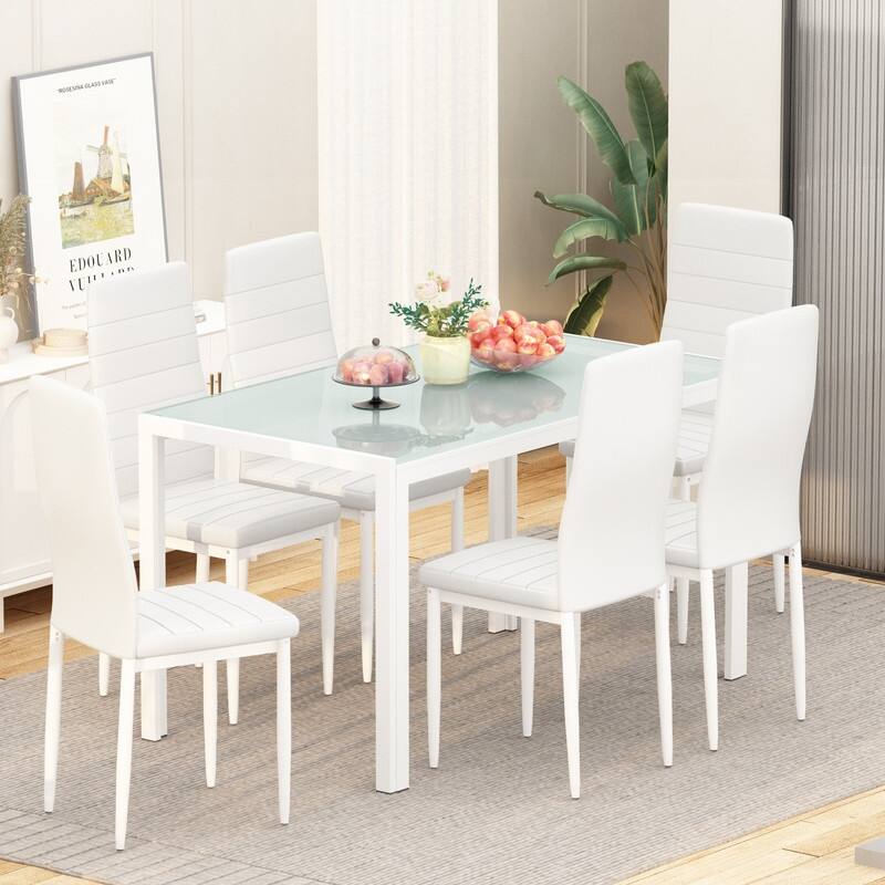 Grondin Modern Style 7-Piece Dining Room Table Set with Tempered Glass Tabletop and 6 PU Leather Upholstered Chairs