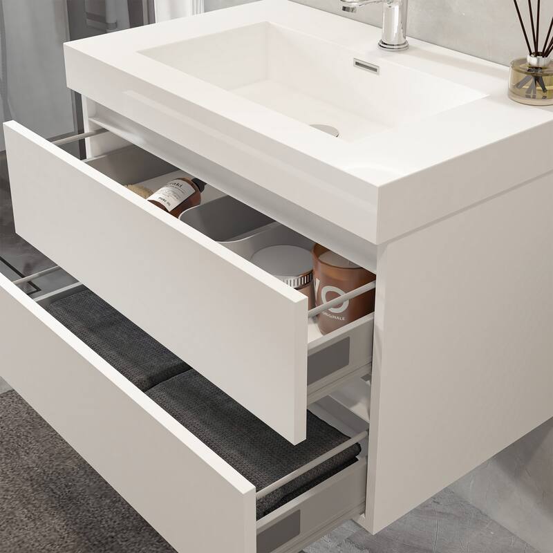 Vanity Art LED Light 24-Inch Single Sink Wall Hung Bathroom Vanity Set White Stone Top Glossy Finish with Sensor Switch