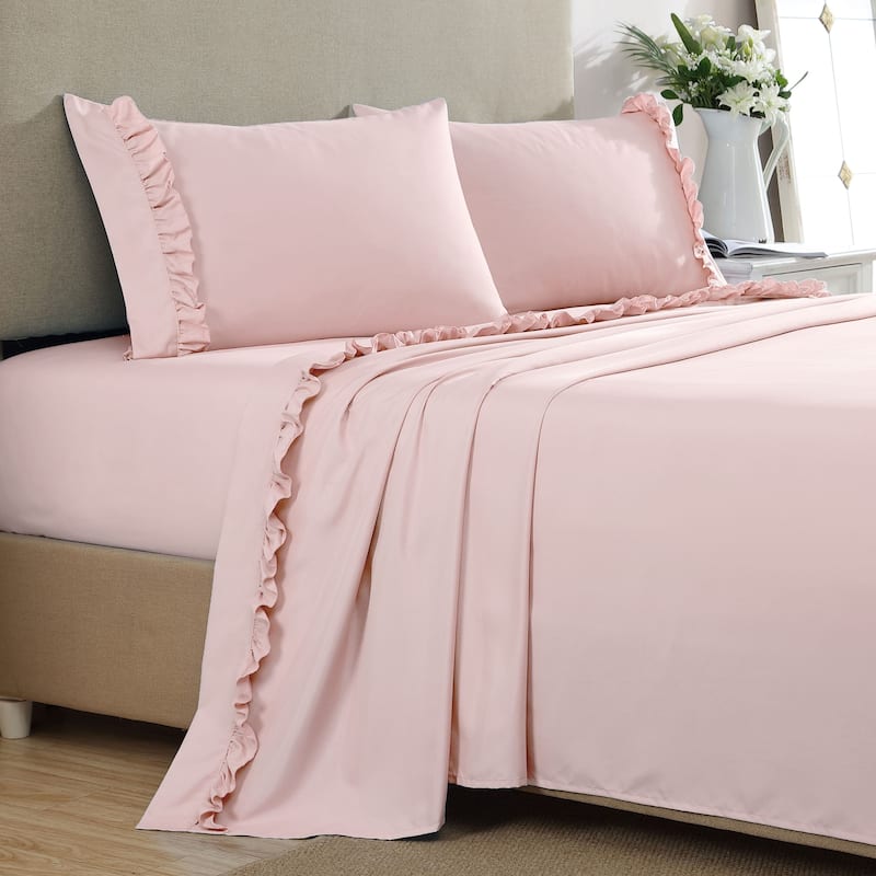 Home Essential Luxurious Silky Ruffle Hem Microfiber Bedding Sheet Set - Twin - Rose