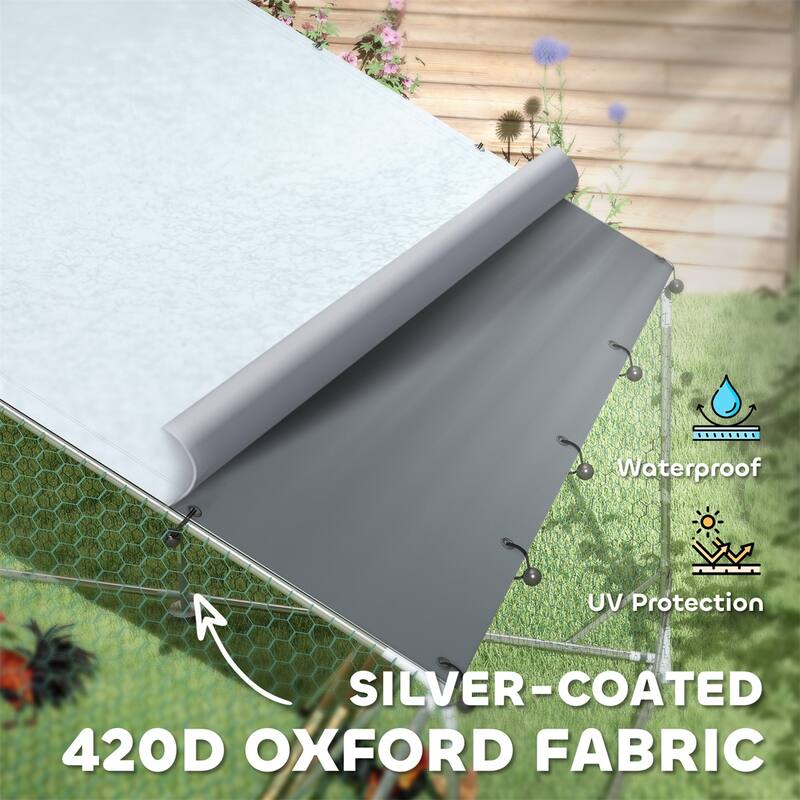 Outdoor Chicken Coop with Mesh Sides, Feeder Door and Weather Cover - 9.8'W x 19.7'D x 6.4'H