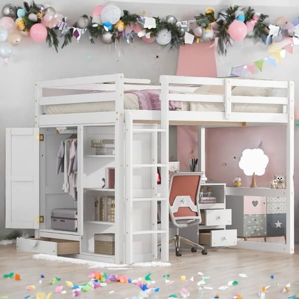 slide 2 of 34, Wood Full Size Loft Bed with Built-in Wardrobe, Desk, Storage Shelves and Drawers