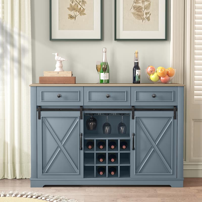 54" Farm Style Wood Buffet Bar Cabinet w/Wine & Glass Rack
