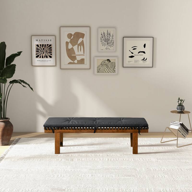 RetroLux 59" Wide Wood Vegan Leather Upholstered Dining Bench