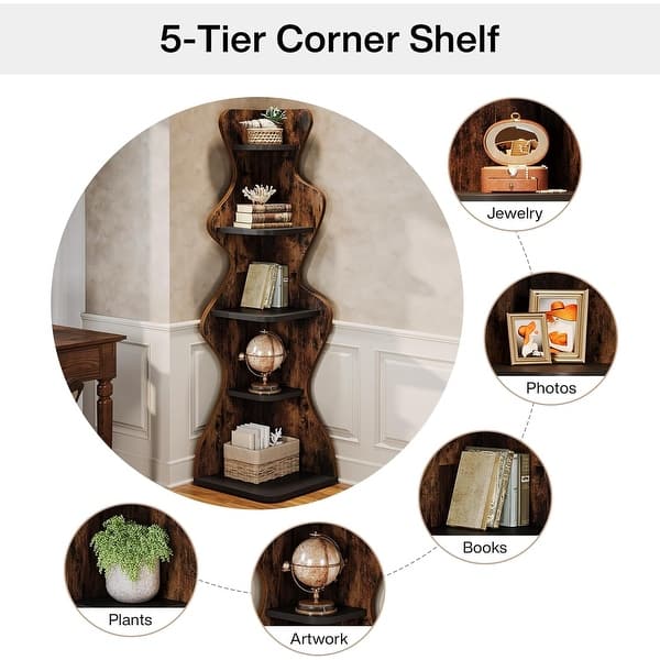5-Tier Corner Bookshelf 66.7" Tall With 2 Fluted Doors - Wood Color Freestanding Display Shelf For Living Room, Office