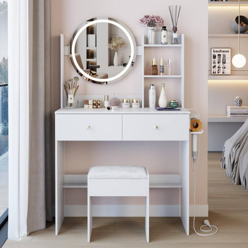 17" Round Touch Switch LED Mirror Vanity with 2 AC+2 USB Power Socket and Adjustable Brightness