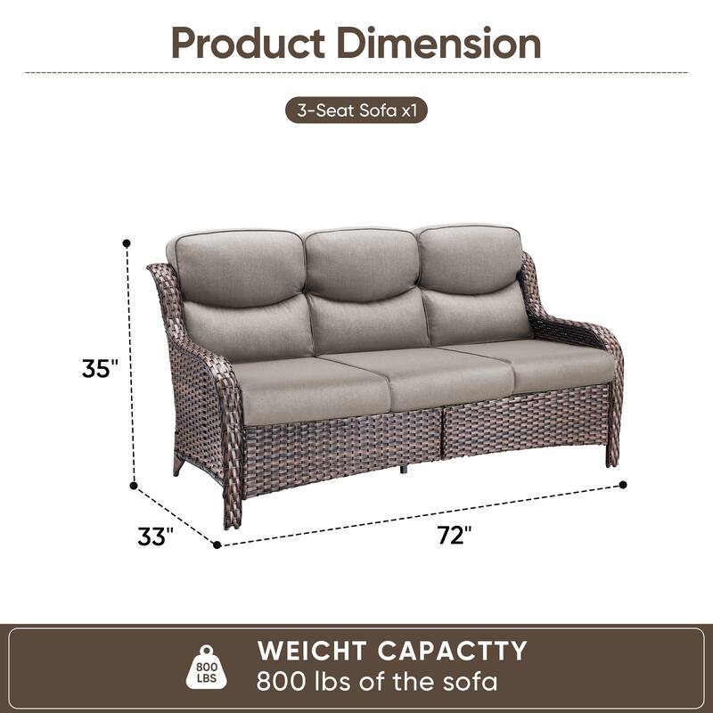 Pocassy Outdoor Wicker 3 Seat Sofa with 5 In Thick Cushion Patio Sofa
