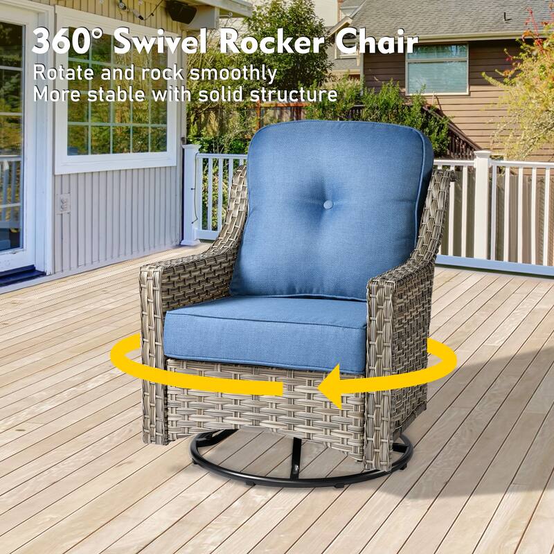 OVIOS 6 Pieces Outdoor Wicker Curved Swivel Chair Set With Fire Table