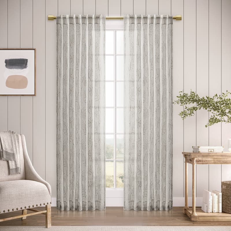 Gorgeous Sheer Leaf Embroidered Rod Pocket W Back Tab Panel - 52"W x 108"L - Grey