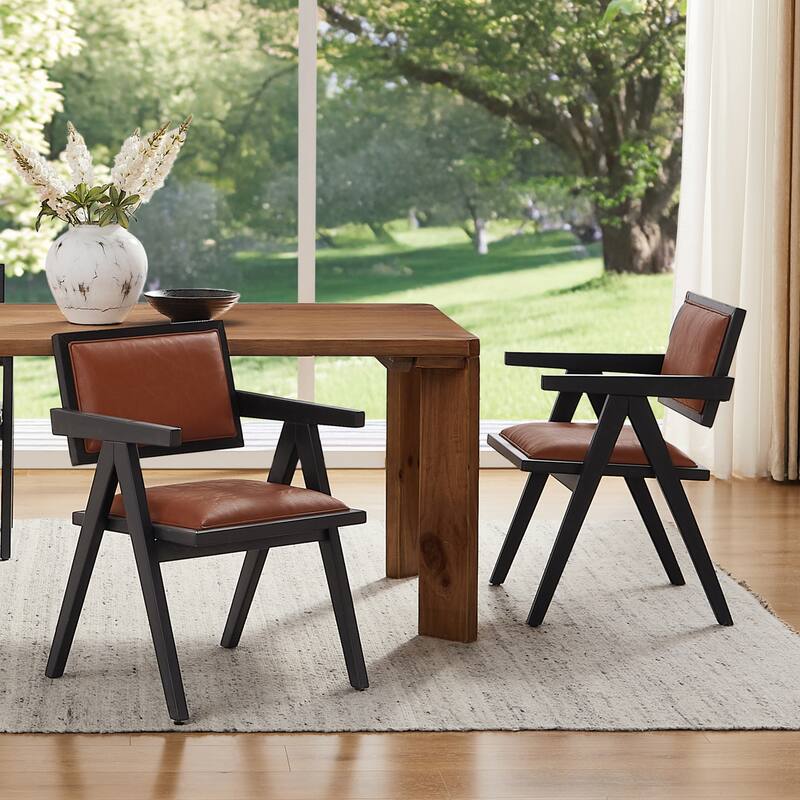 Art Leon Set of 2 Wood and Upholstered Accent Dining Chair with Wooden Armrest - Brown