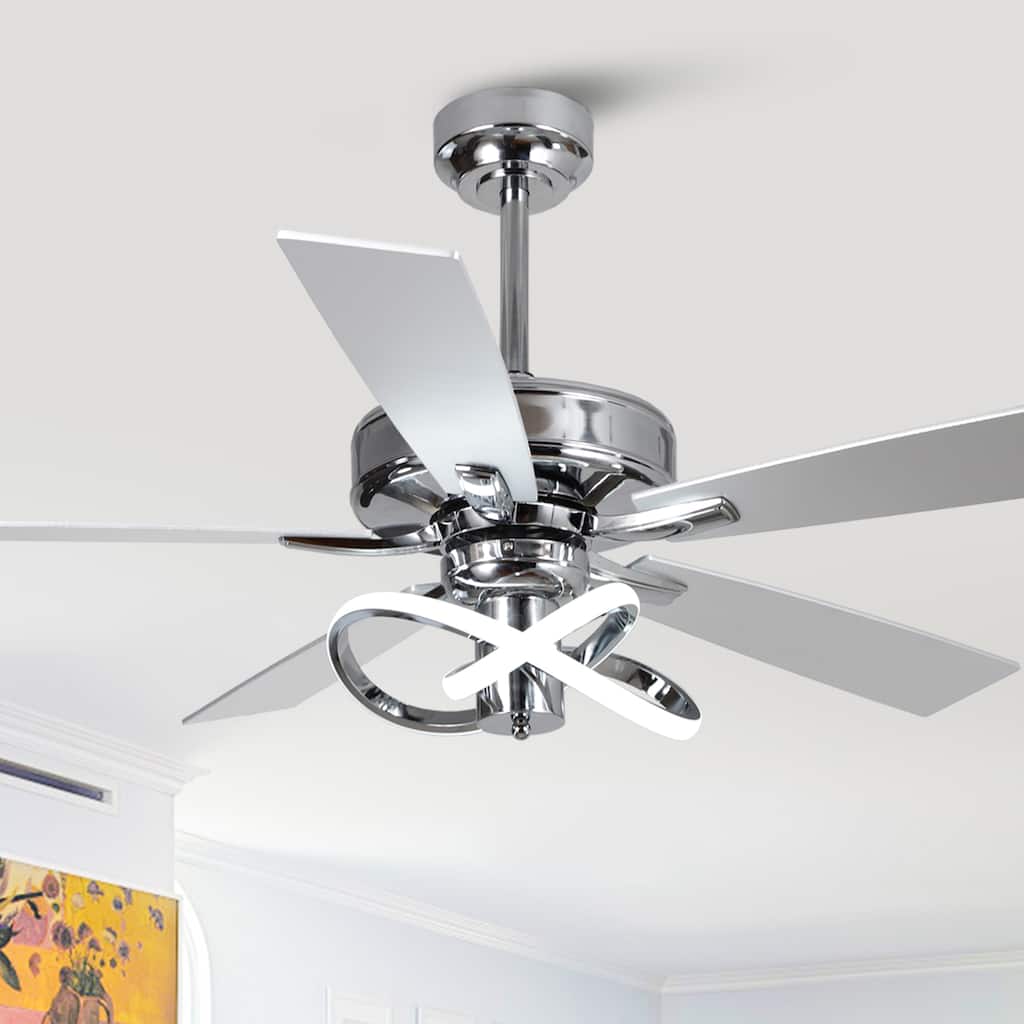 52" Chrome Modern Plywood 5-Blade Ceiling Fan with LED Light and Remote - 52 in. D x 52 in. W x 15.25 in. H