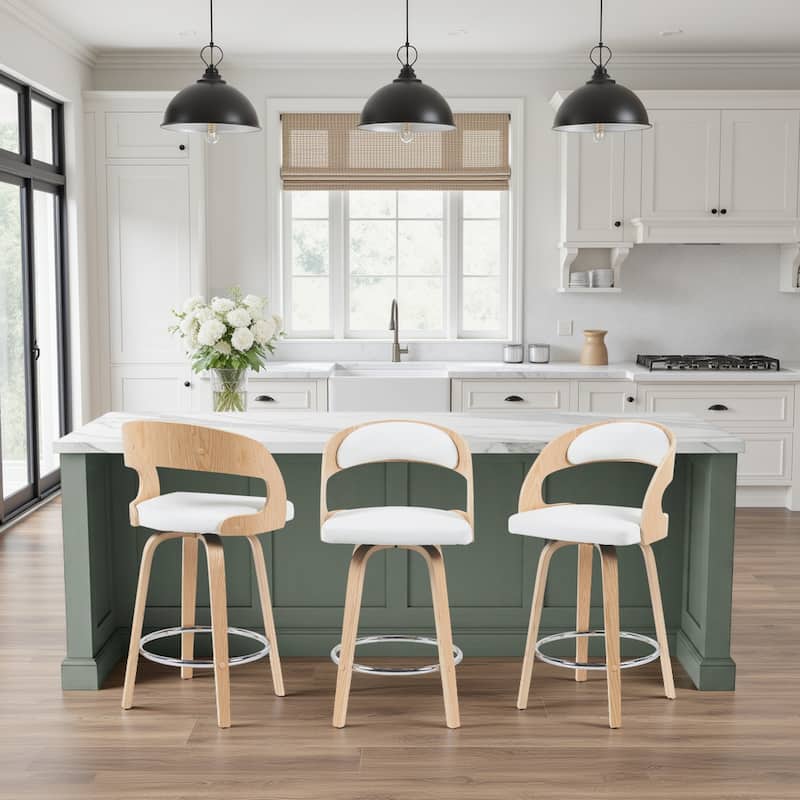 Shelly Mid-Century Swivel Bar Stool, Upholstered Counter Height Chair with Bentwood Legs