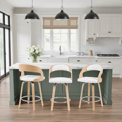 Shelly Mid-Century Swivel Bar Stool, Upholstered Counter Height Chair with Bentwood Legs
