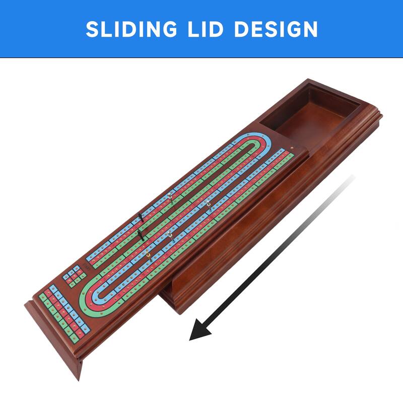 GSE™ 3-Track Wooden Cribbage Board Box with 2 Deck Playing Cards, 9 Metal Pegs and Drawer
