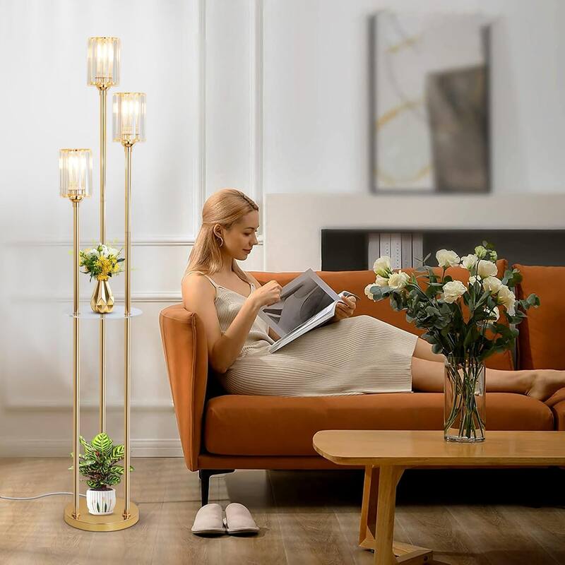 Rossetta Modern Gracefulness Standing Floor Lamp with Crystal Shade, Double Shelving Shelves