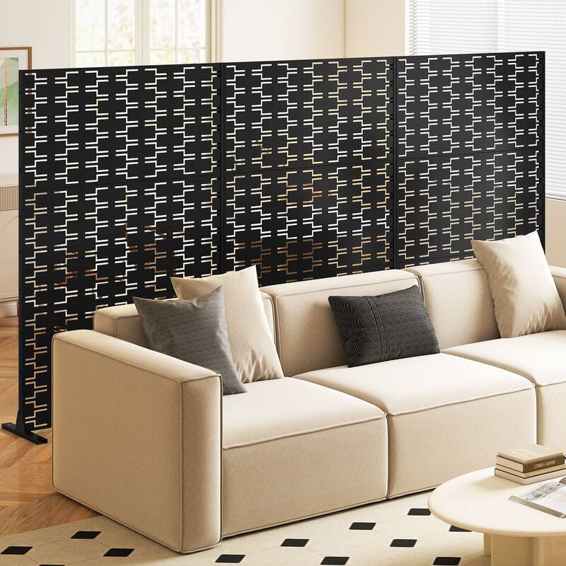 Black Metal Privacy Screen Panel with Freestanding Base and Decorative Design - 48" x 16" x 72" (L x W x H)
