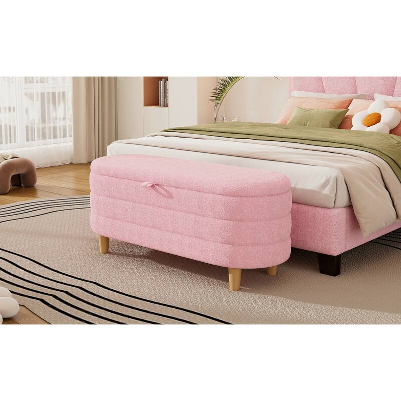 Elegant Upholstered Sherpa Fabric Storage Ottoman with Wood Legs, Storage Bench for Bedroom, Living Room, White