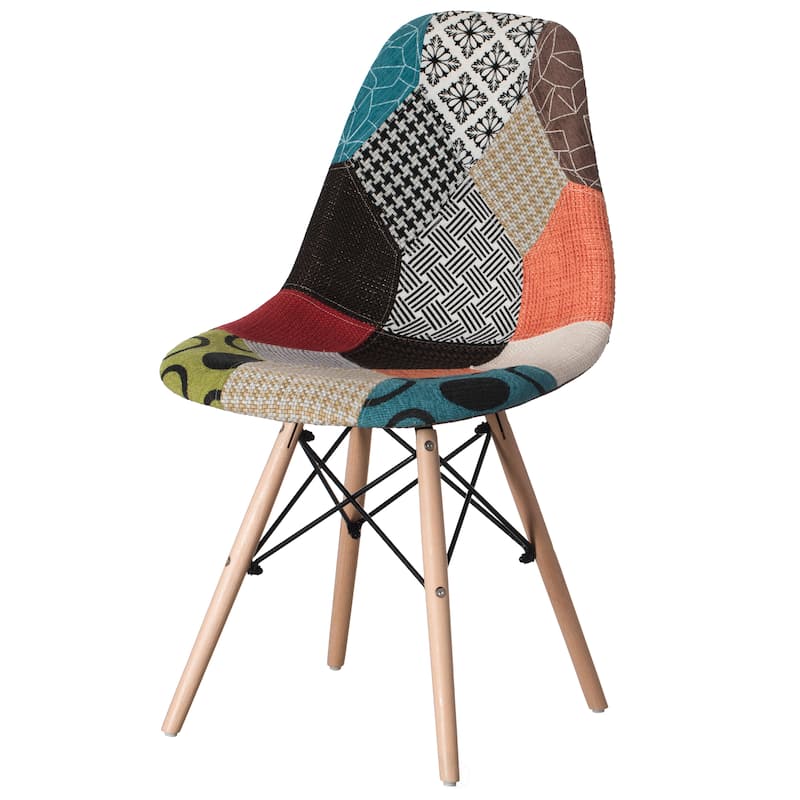 Modern Fabric Patchwork Chair with Wooden Legs for Kitchen, Dining Room, Entryway, Living Room - Single 