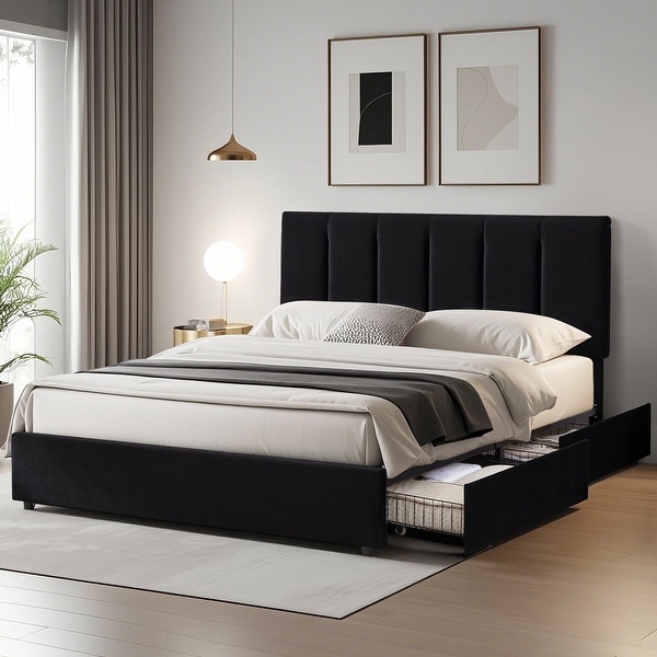 Black Bed Frame with 4 Storage Drawers Upholstered Platform Bed Frame with Adjustable Headboard On Sale Bed Bath Beyond 40817731