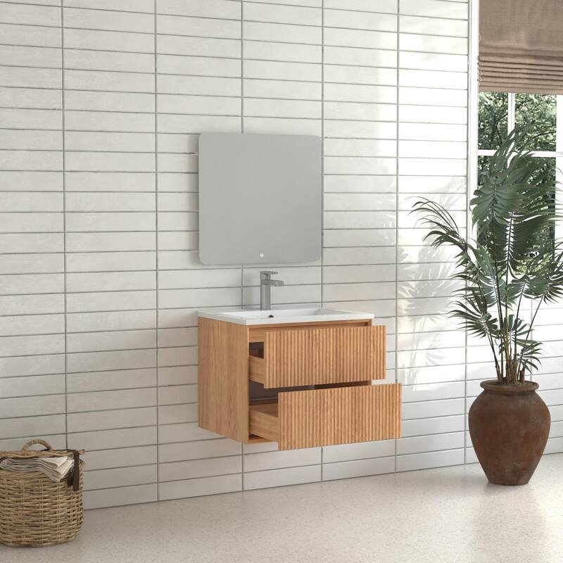 24'' Floating Bathroom Vanity Set, Wall Mounted Bathroom Cabinet with 2 Storage Darwers,White Resin Integrated Basin