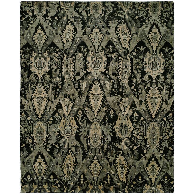 Transitional Black Hand-Knotted Viscose Area Rug - 4' x 6' - Black
