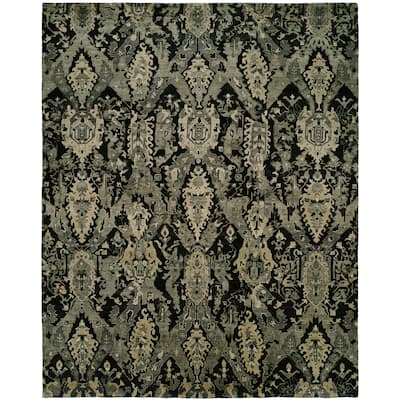 Transitional Black Hand-Knotted Viscose Area Rug