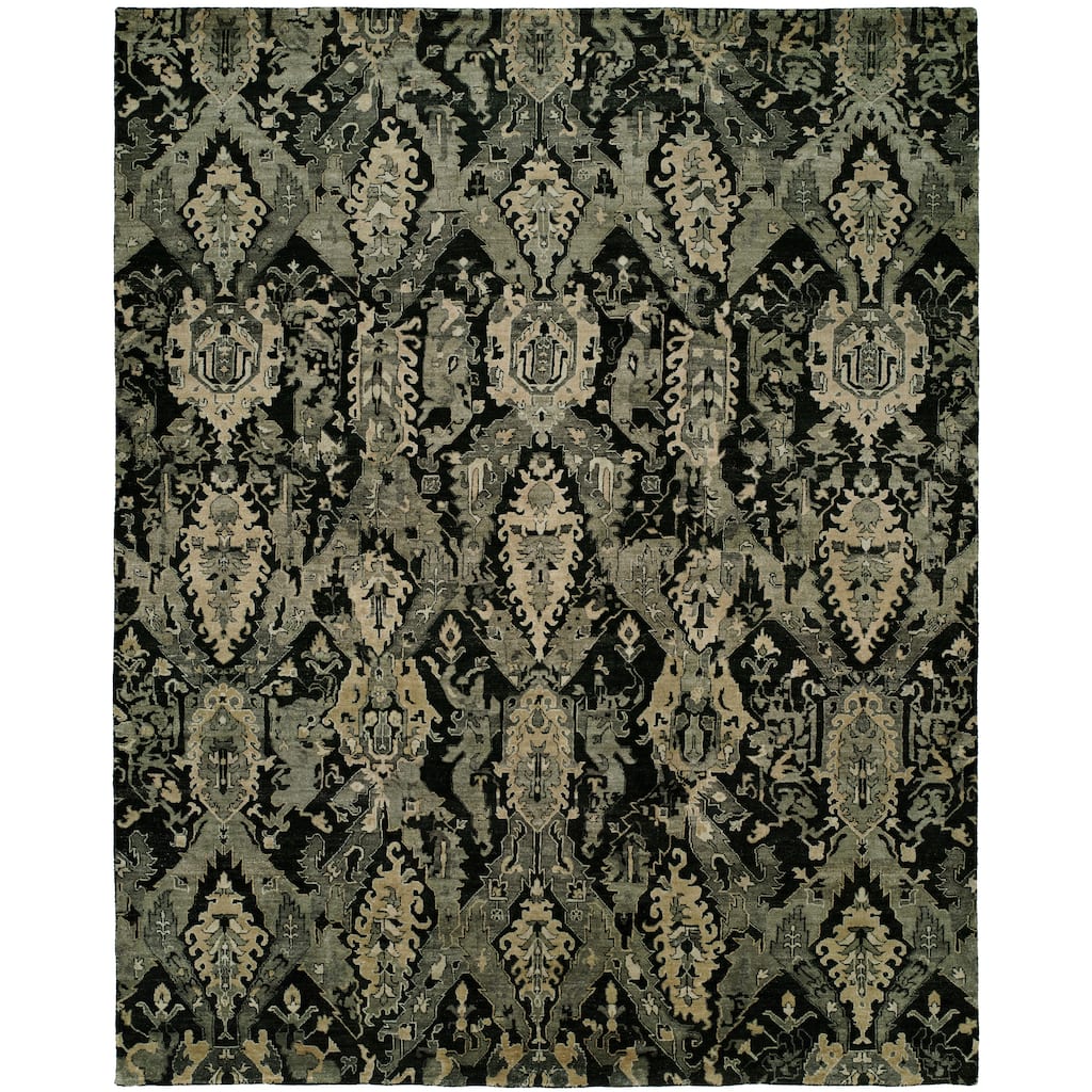 Transitional Black Hand-Knotted Viscose Area Rug
