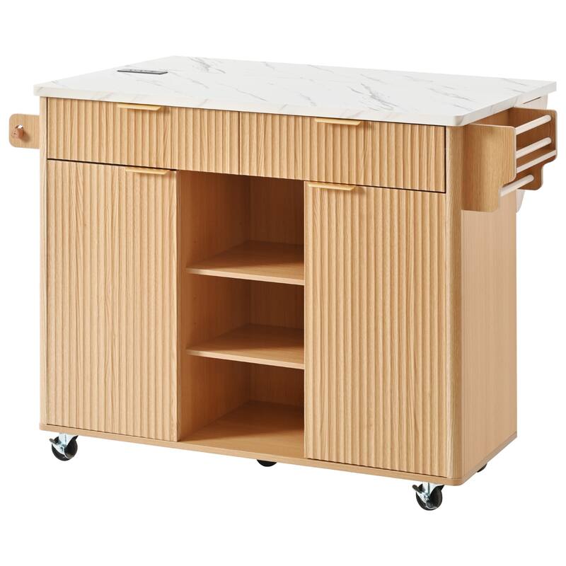 Roomfitters 52" Fluted Kitchen Island with Drop Leaf, Power Outlet & Walnut Wood-Grain Top