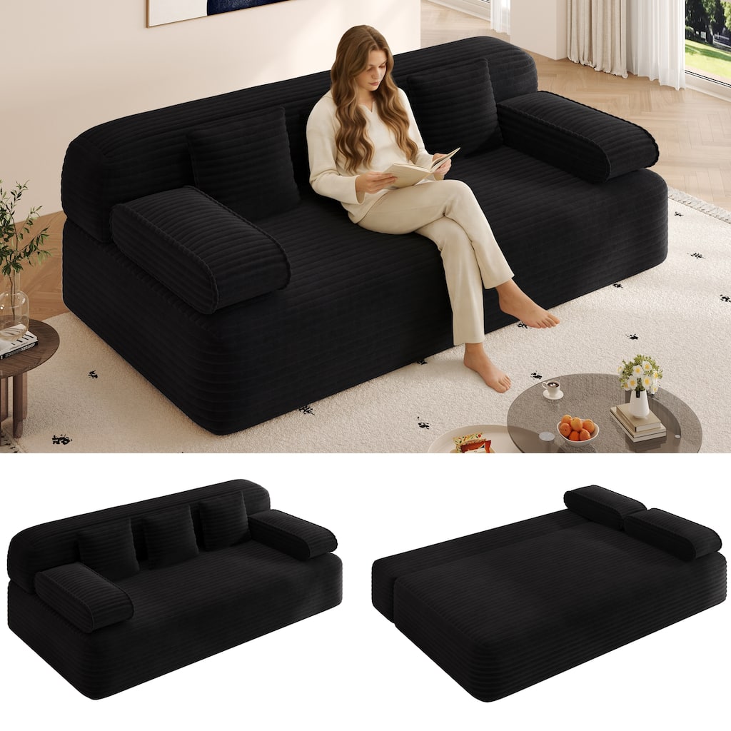 78.7" Convertible Sofa Bed, 2-in-1 Corduroy Couch with 3 Pillows, Modern Folding Boneless Couch
