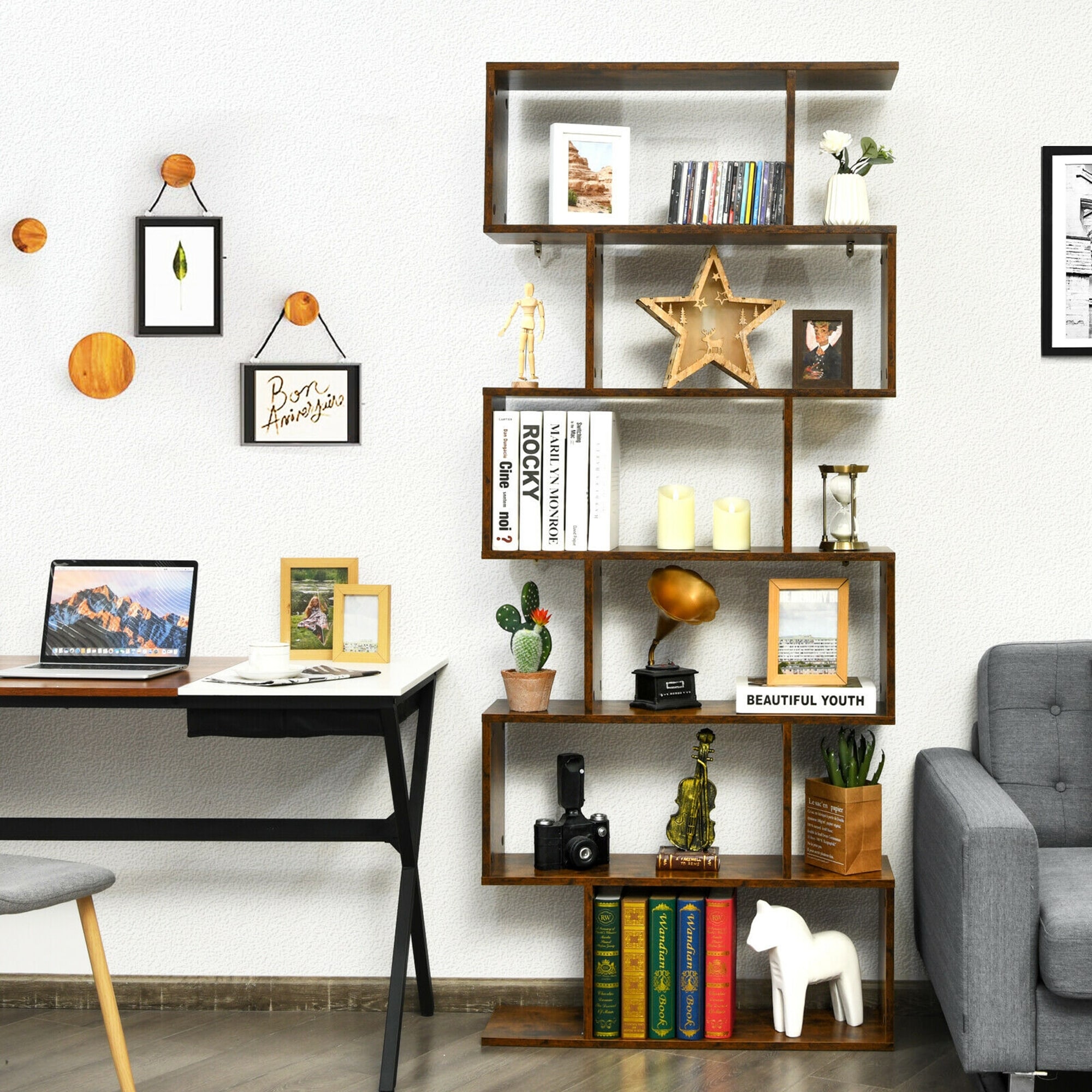 Gymax 6 Tier S-Shaped Bookshelf Storage Display Bookcase Decor Z