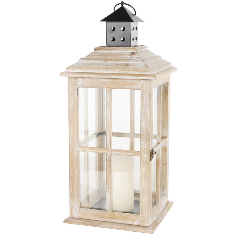 Brown or Light Brown Wood Lighthouse Style Decorative Indoor Outdoor Candle Lantern with Black Ring Handle